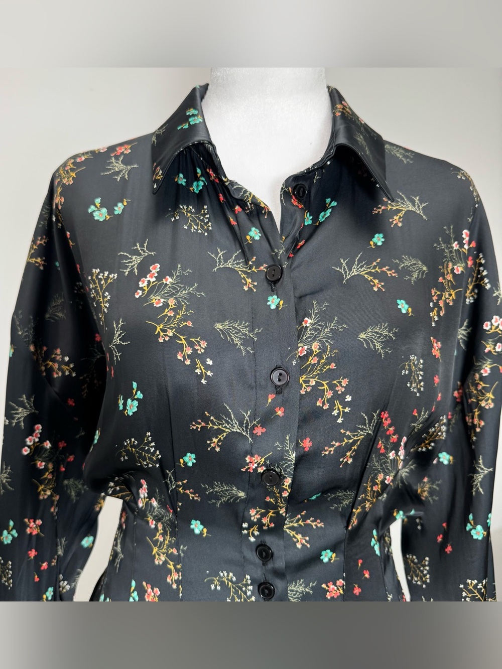 Anthropologie Romantic Tobie Black Satin Floral Mini Shirt Dress NWT M Femme - Picture 8 of 11
